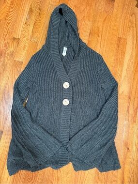 L.A. Blues Hooded Ribbed Button Cardigan - Charcoal Gray